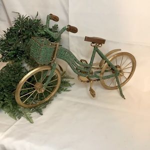 Vintage style gold tone metal decorative bicycle / bike with green beads